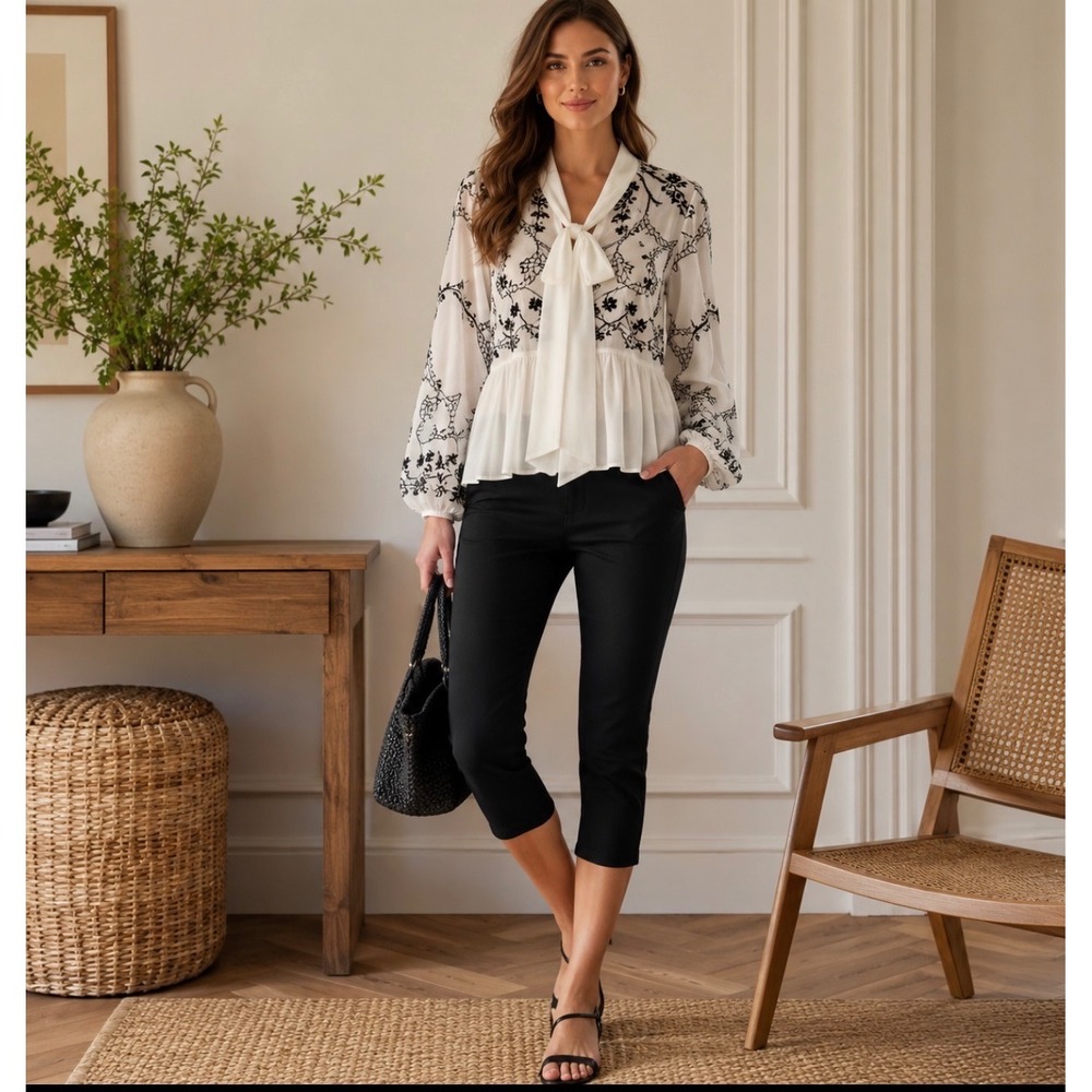 Anthropologie Embroidered Tie Neck Peplum Blouse White Black Balloon Sleeve NWOT
